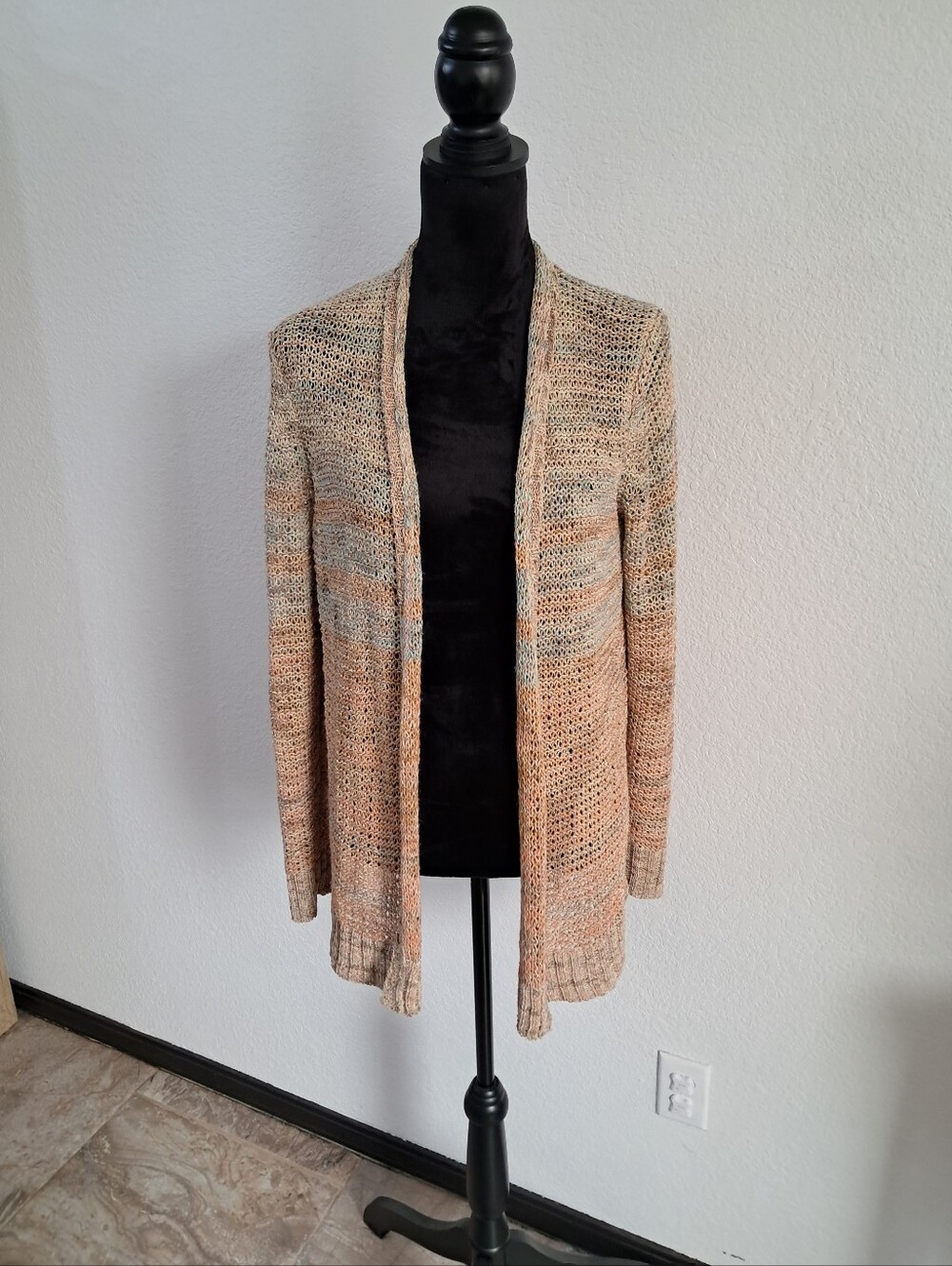 Coldwater Creek Cardigan Open Front Marled Knit Pastel Grannycore Boho Sz Lg